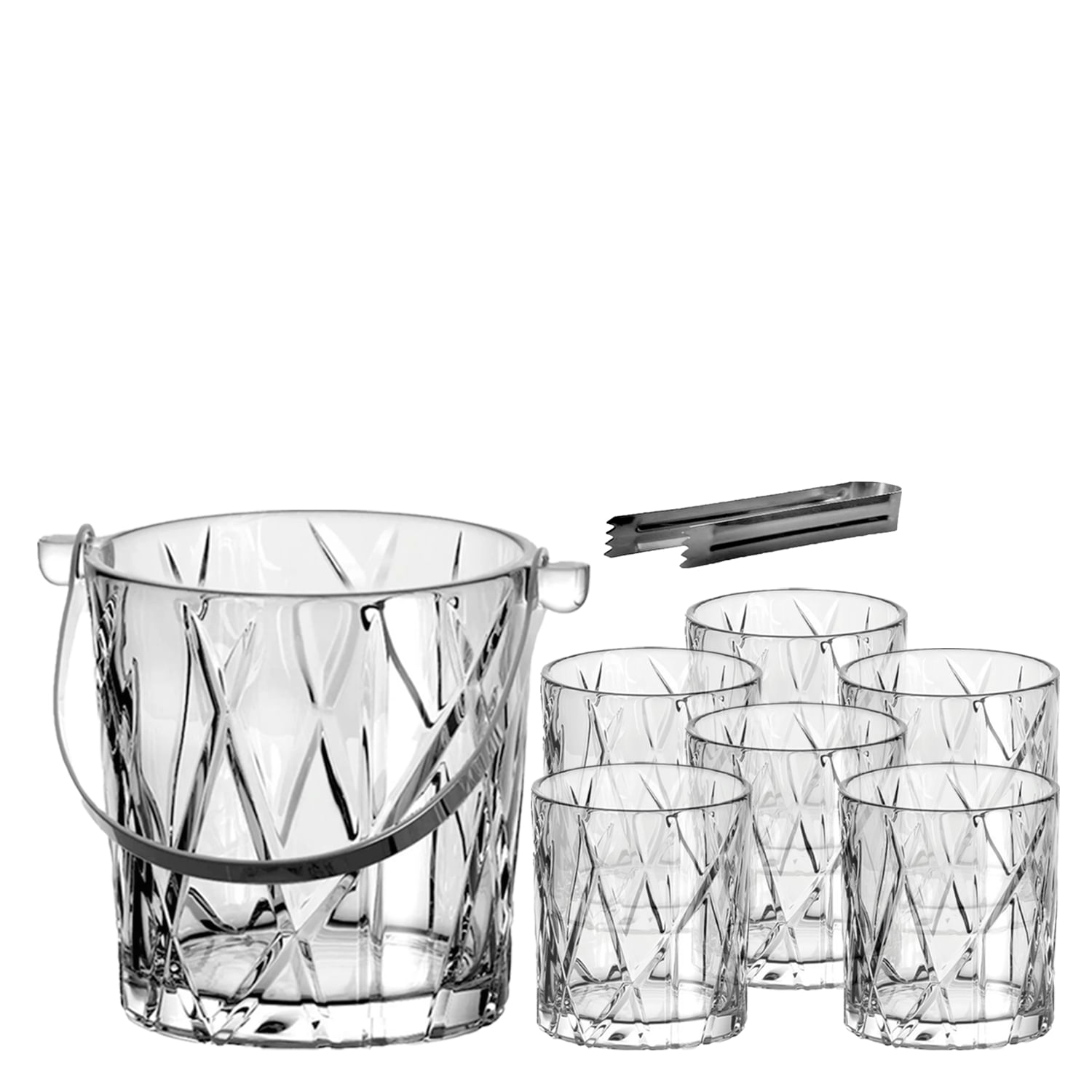 Balde De Gelo Forest Cristal Com Pinça 1l + 6 Copos Whisky