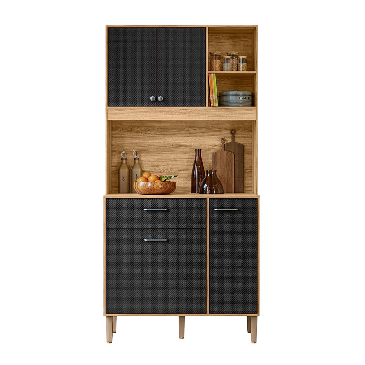 Armario De Cozinha Erva Doce 90 Cm 6 Portas E 1 Gaveta Freijo/preto Esfera