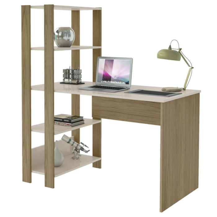 Mesa Escrivaninha 134x120 Cm 3 Prateleiras Off White Carvalho Arly