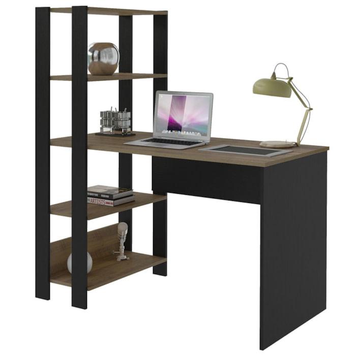 Mesa Escrivaninha 134x120 Cm 3 Prateleiras Pinho Preto Arly