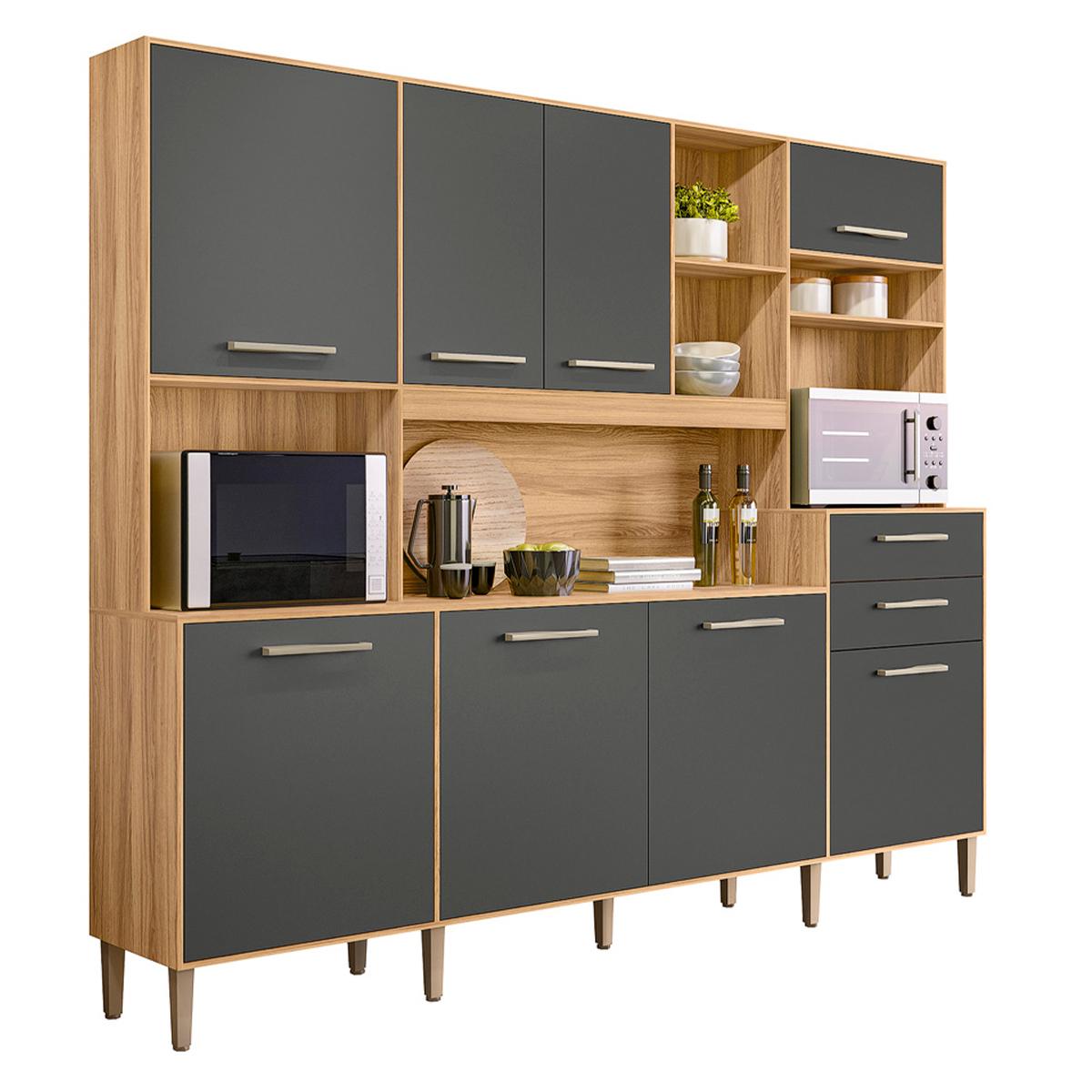 Armario De Cozinha Hortelã Com 8 Portas E 2 Gavetas 240 Cm Freijo/cinza