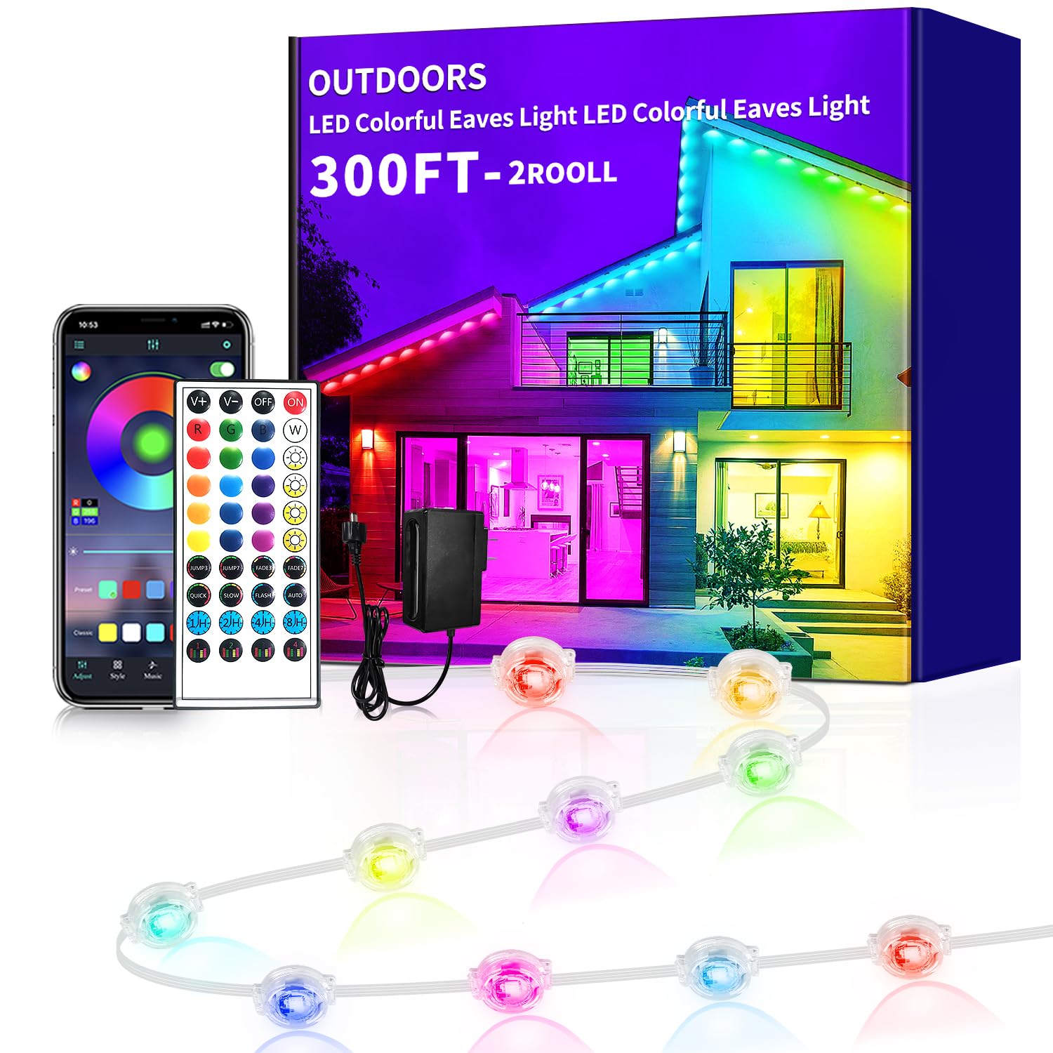 Luz Externa Yocrostar 300 Pés Rgb Eaves Com Controle De Aplicativo Ip67