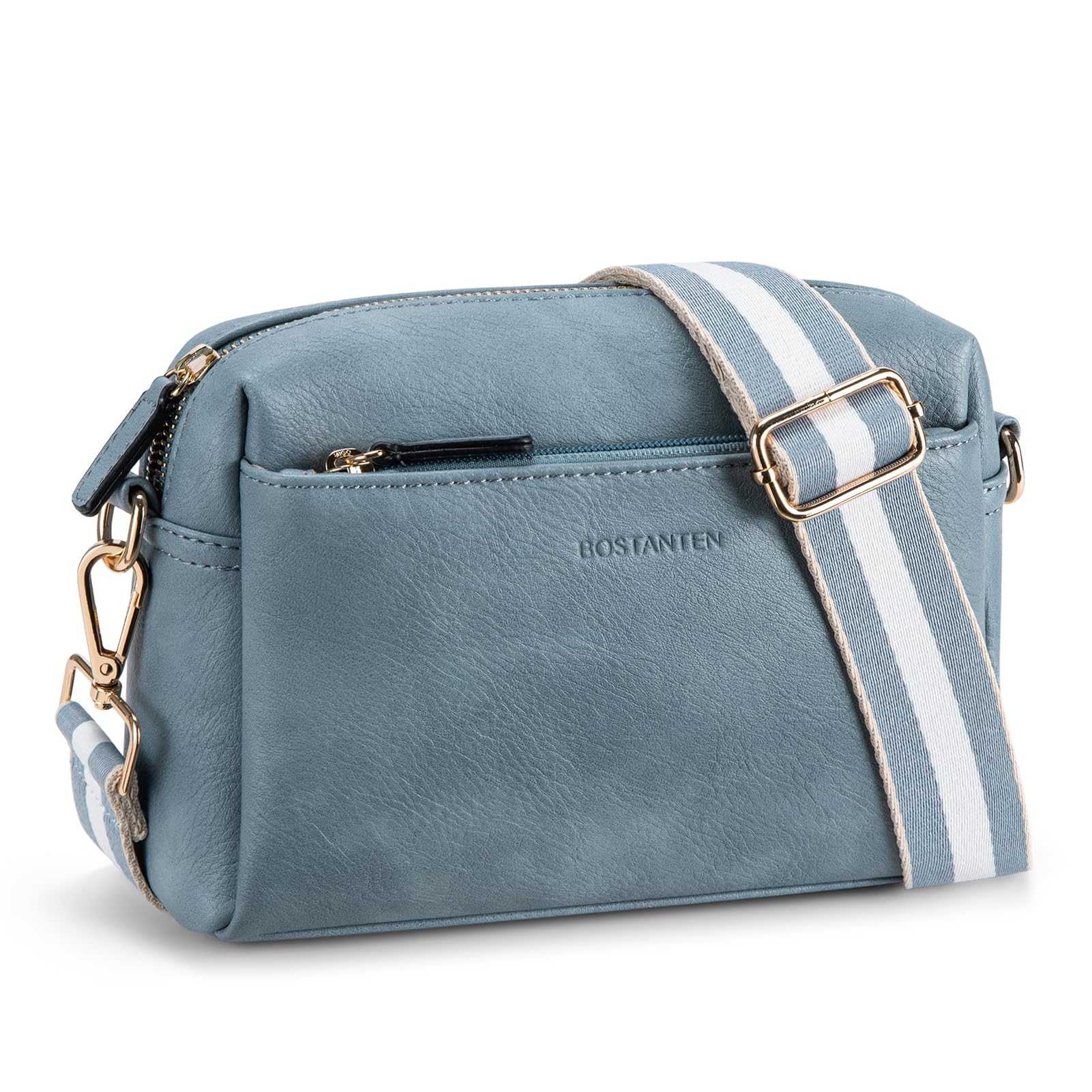 Bolsa Tiracolo Bostanten Pequena Em Couro Com Zíper Triplo Azul Claro
