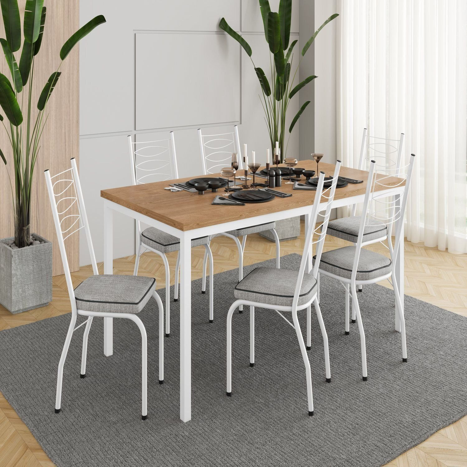 Conjunto Sala De Jantar Mesa Retangular Tampo Bp Com 6 Cadeiras Adriana Branco/ Grafiato