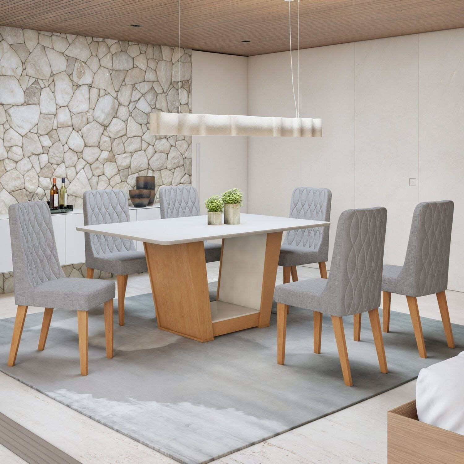 Conjunto Apogeu 160cm Tampo Mdf Com 6 Cadeiras Luar Off White/amêndoa Clean/linho Cinza