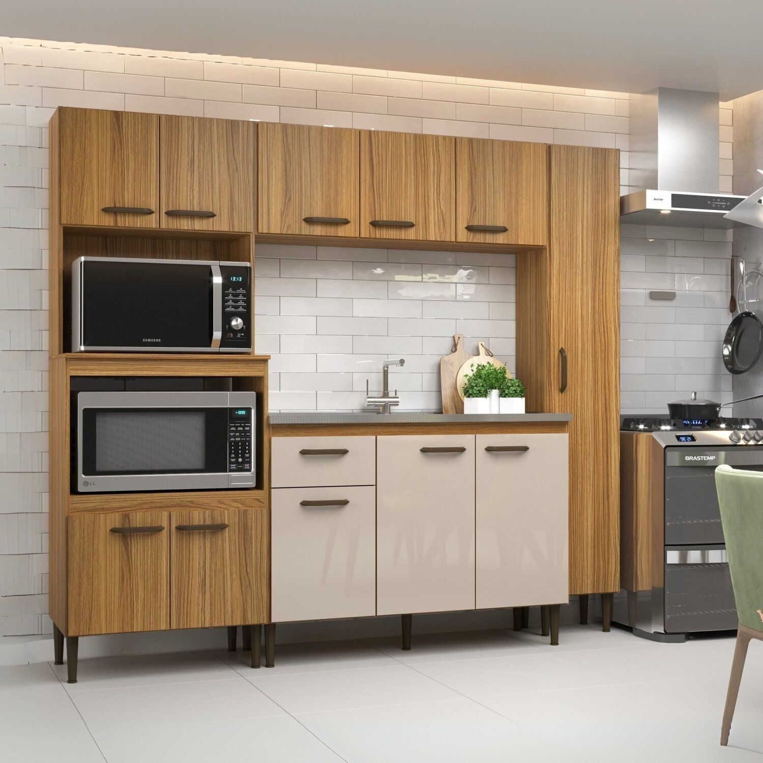 Cozinha Modulada Compacta 4 Peças Berlim Ipê/cristalo