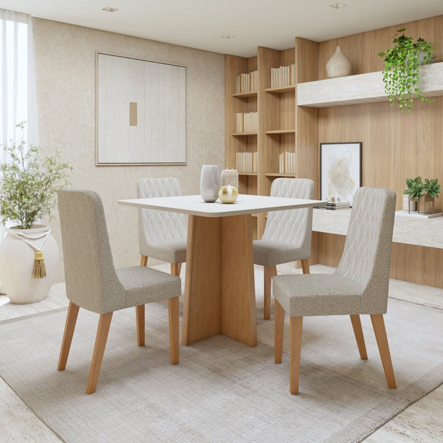 Conjunto Sala De Jantar Mesa Celebrare Tampo Mdf Quadrado Com 4 Cadeiras Luar Amêndoa Clean/off White/bouclé Bege