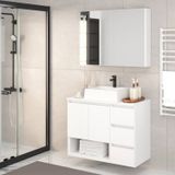 Gabinete De Banheiro 80cm Vitória Com Espelheira E Cuba Branco