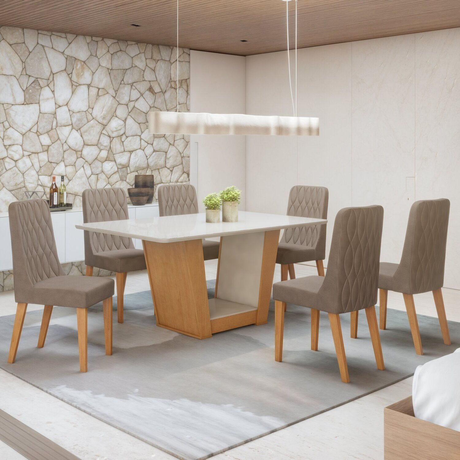 Conjunto Apogeu 170cm Tampo Mdf Com Vidro E 6 Cadeiras Luar Off White/amêndoa Clean/suede Animale Bege