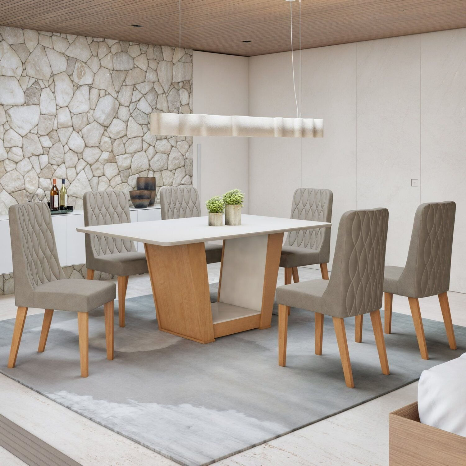 Conjunto Apogeu 160cm Tampo Mdf Com 6 Cadeiras Luar Off White/amêndoa Clean/veludo Capuccino