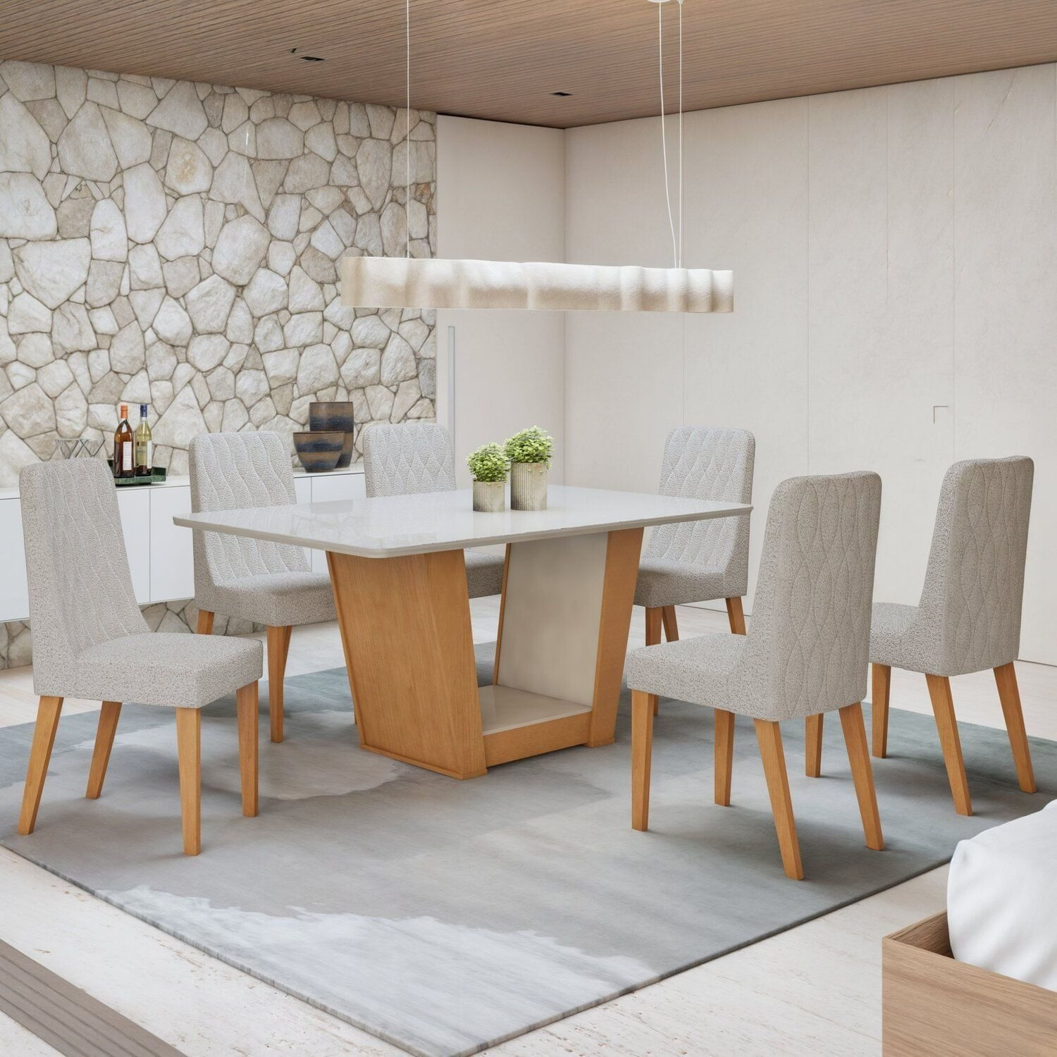 Conjunto Apogeu 170cm Tampo Mdf Com Vidro E 6 Cadeiras Luar Amêndoa Clean/off White/bouclé Bege