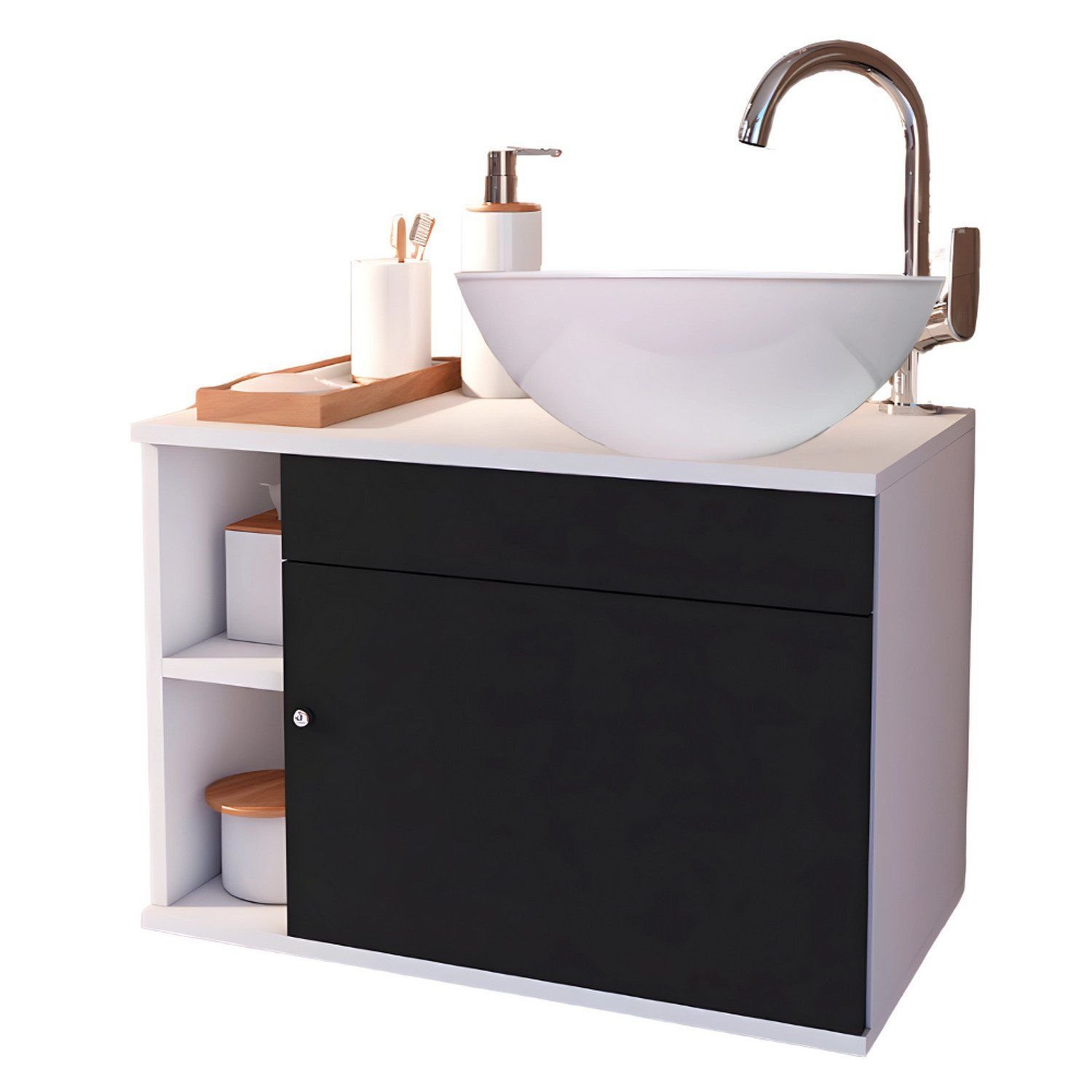 Conjunto Gabinete Para Banheiro Completo Com Cuba Itália Preto/branco