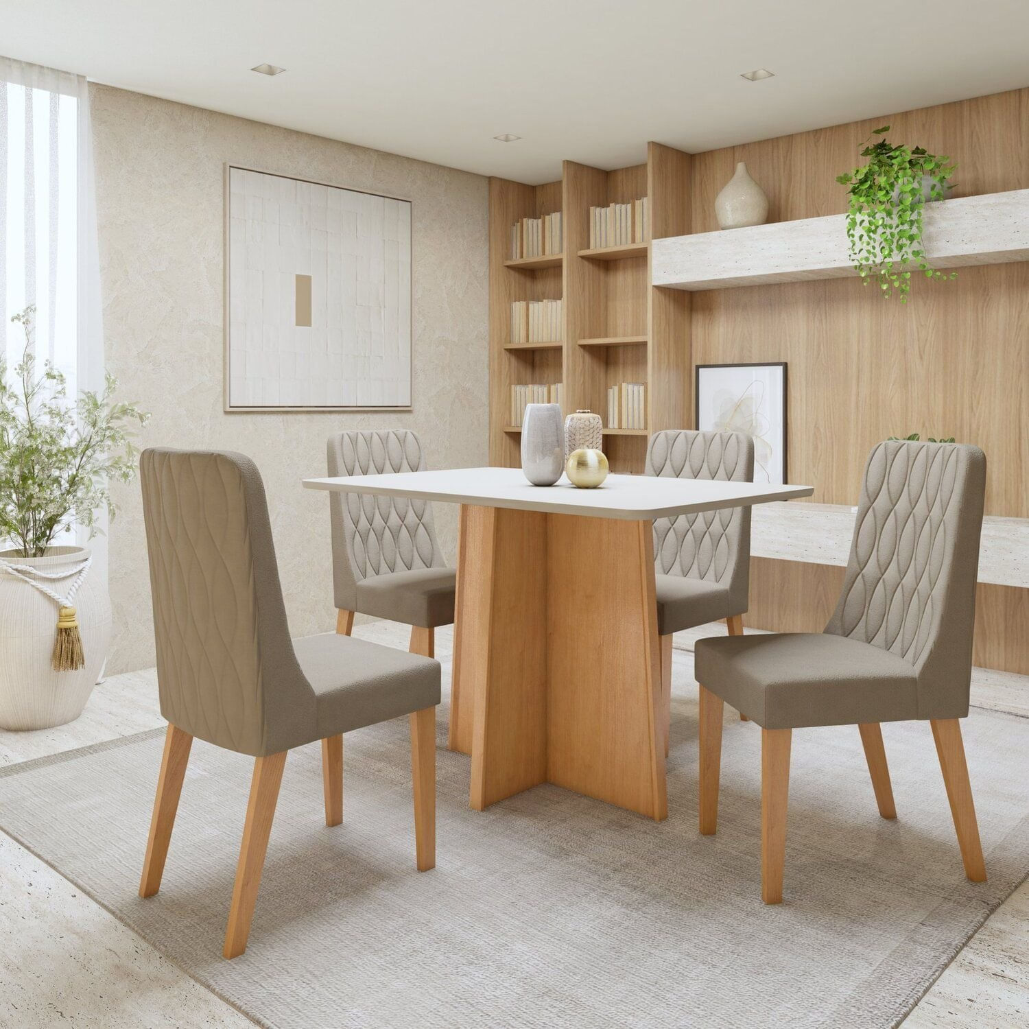 Conjunto Sala De Jantar Mesa Celebrare Tampo Mdf Retangular Com 4 Cadeiras Luar Amendoa Clean/off White/veludo Naturale Creme