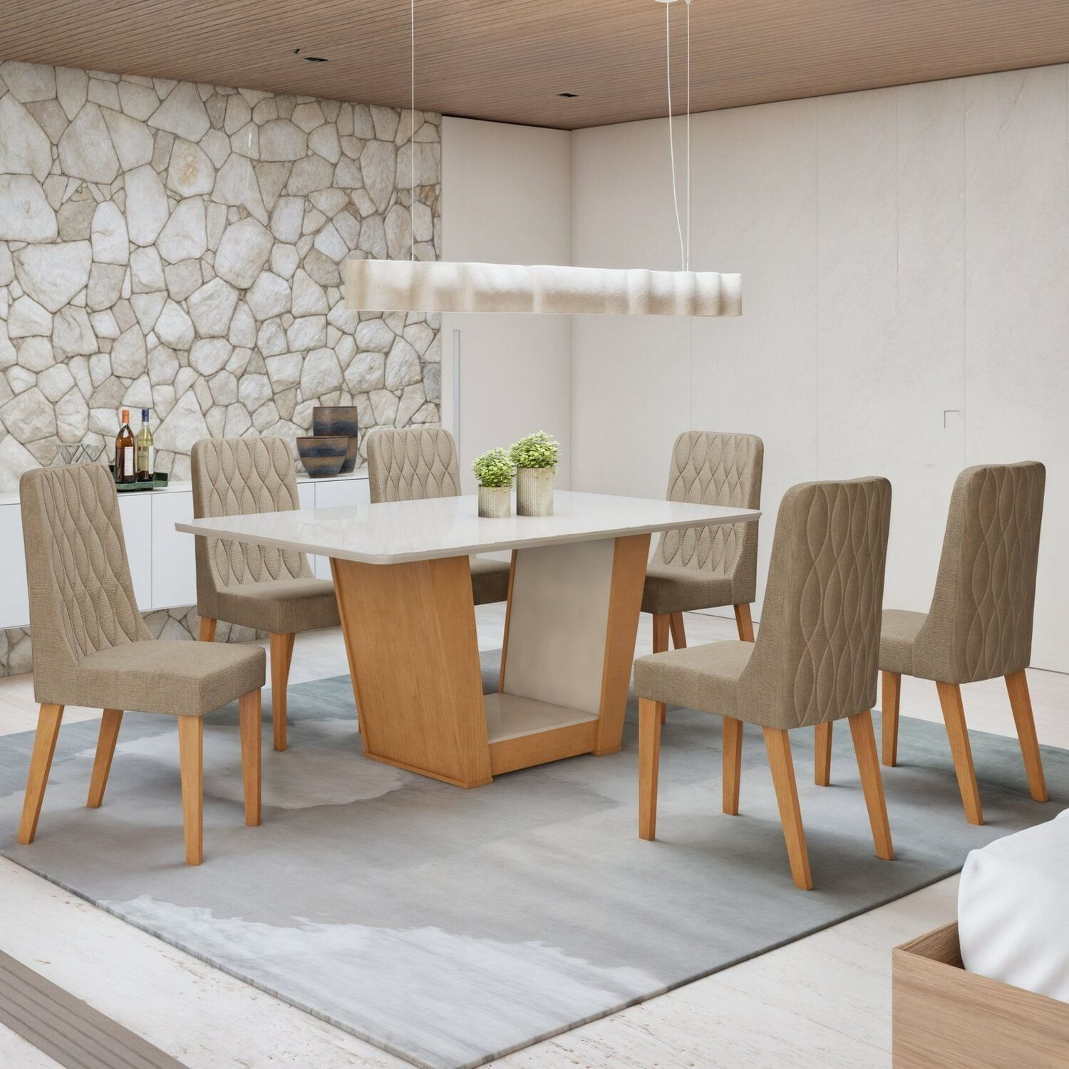 Conjunto Apogeu 170cm Tampo Mdf Com Vidro E 6 Cadeiras Luar Off White/amêndoa Clean/linho Rinzai Bege