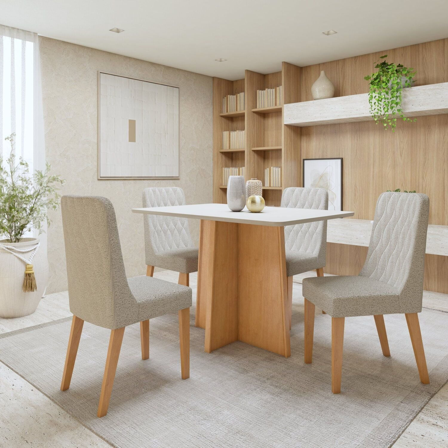 Conjunto Sala De Jantar Mesa Celebrare Tampo Mdf Retangular Com 4 Cadeiras Luar Amêndoa Clean/off White/bouclé Bege