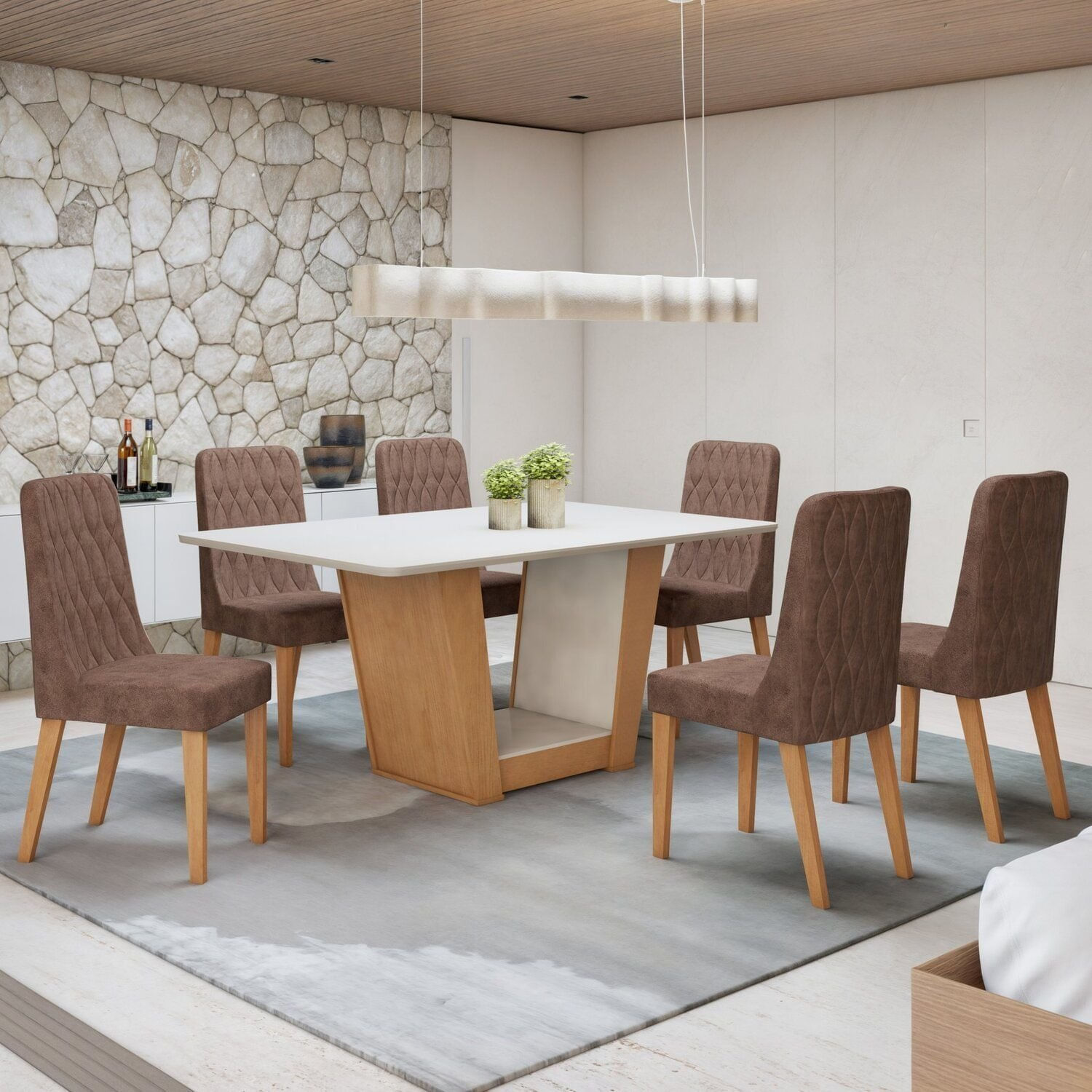 Conjunto Apogeu 160cm Tampo Mdf Com 6 Cadeiras Luar Off White/amêndoa Clean/couro Avelâ