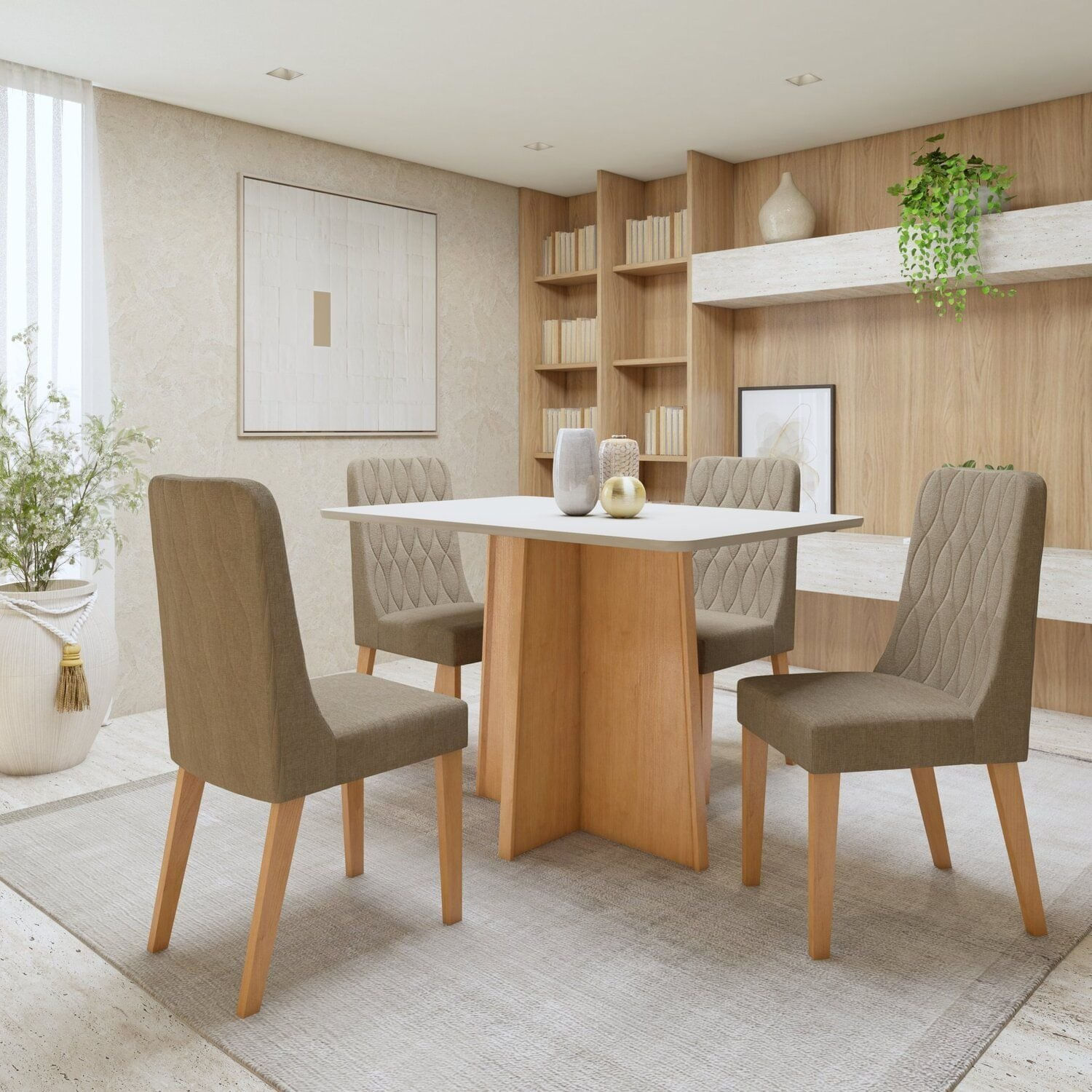 Conjunto Sala De Jantar Mesa Celebrare Tampo Mdf Retangular Com 4 Cadeiras Luar Amêndoa Clean/off White/bege