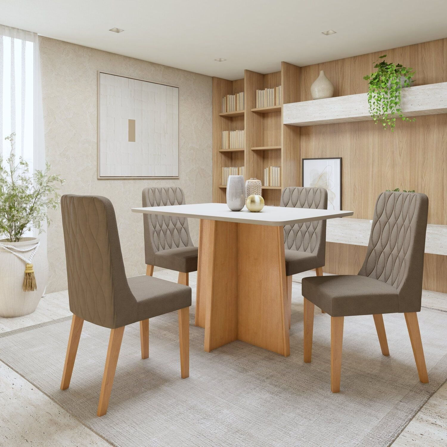 Conjunto Sala De Jantar Mesa Celebrare Tampo Mdf Retangular Com 4 Cadeiras Luar Amendoa Clean/off White/suede Animale Bege