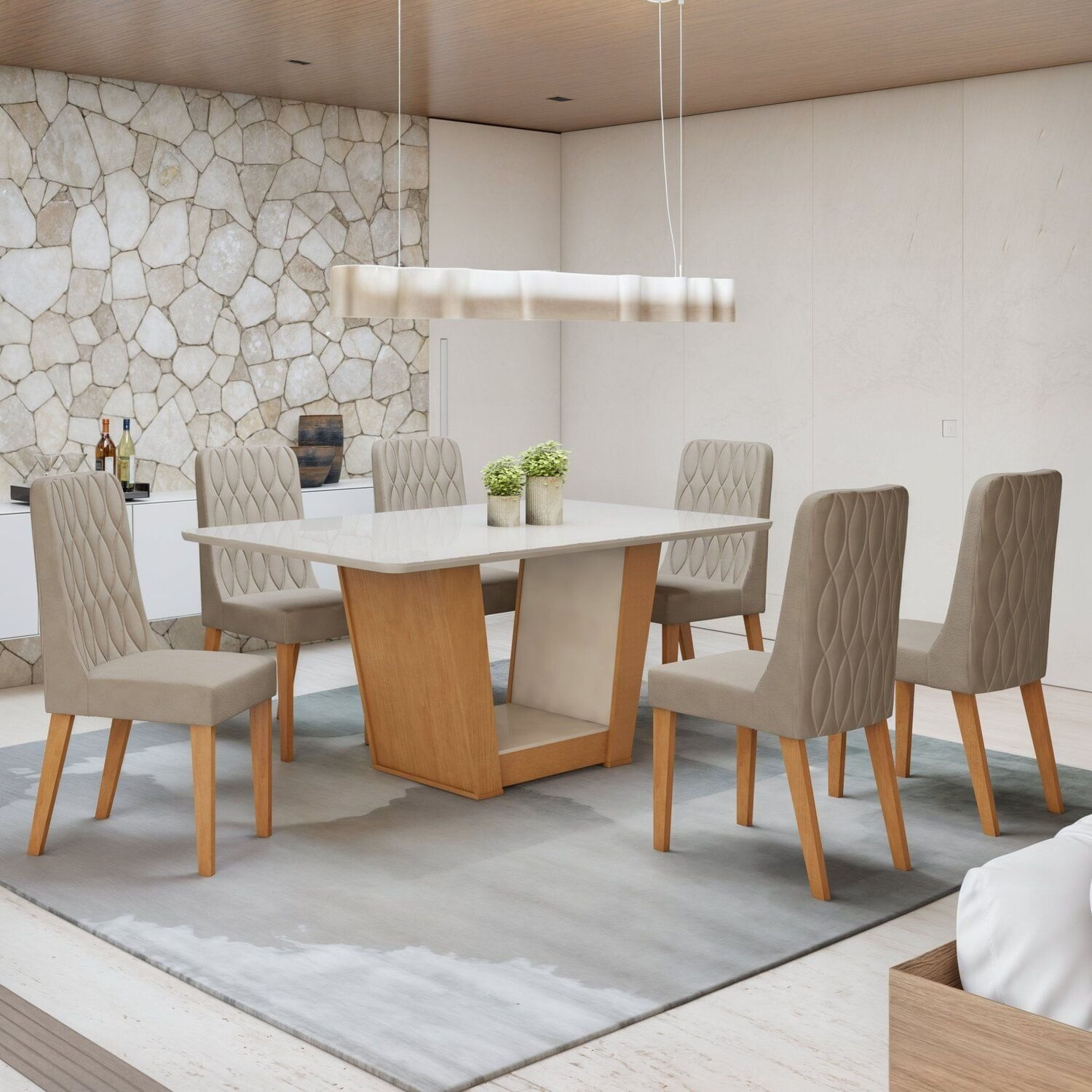 Conjunto Apogeu 170cm Tampo Mdf Com Vidro E 6 Cadeiras Luar Off White/amêndoa Clean/veludo Naturale Creme