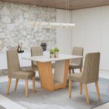 Conjunto De Mesa E 4 Cadeiras Tampo Mdf Com Vidro Luar Amêndoa Clean/off White/linho Rinzai Bege