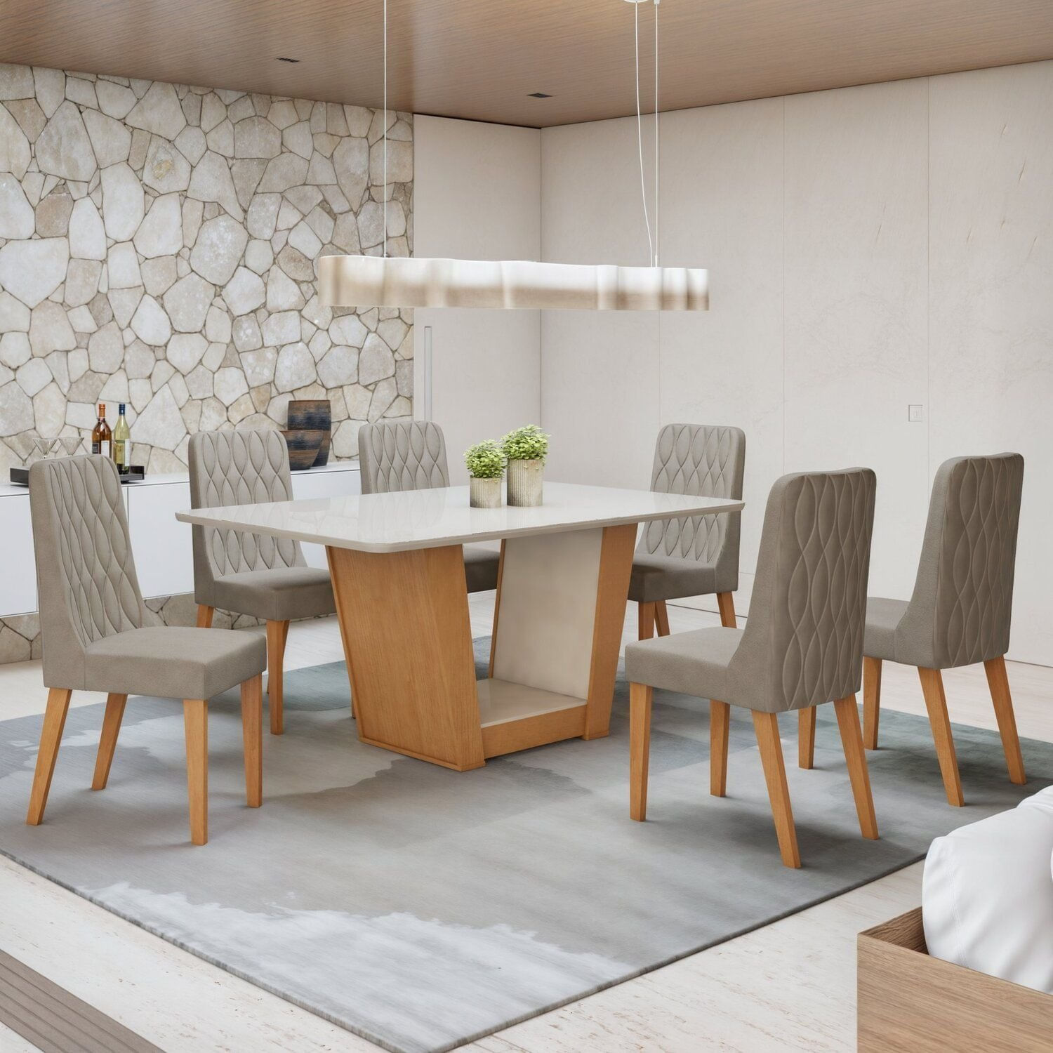 Conjunto Apogeu 170cm Tampo Mdf Com Vidro E 6 Cadeiras Luar Off White/amêndoa Clean/veludo Capuccino