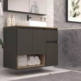 Gabinete Banheiro Suspenso 80cm Com 03 Portas 01 Gaveta E Nicho Com Cuba Aurora Mel/graffite
