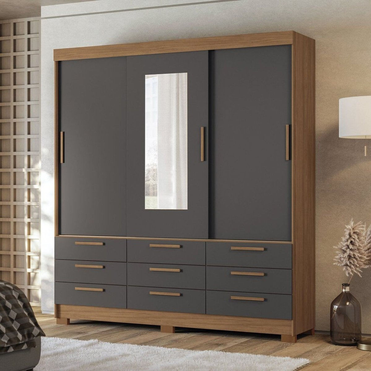 Guarda-roupa 3 Portas De Correr 9 Gavetas Com Espelho Morretes Jatobá/grafitte