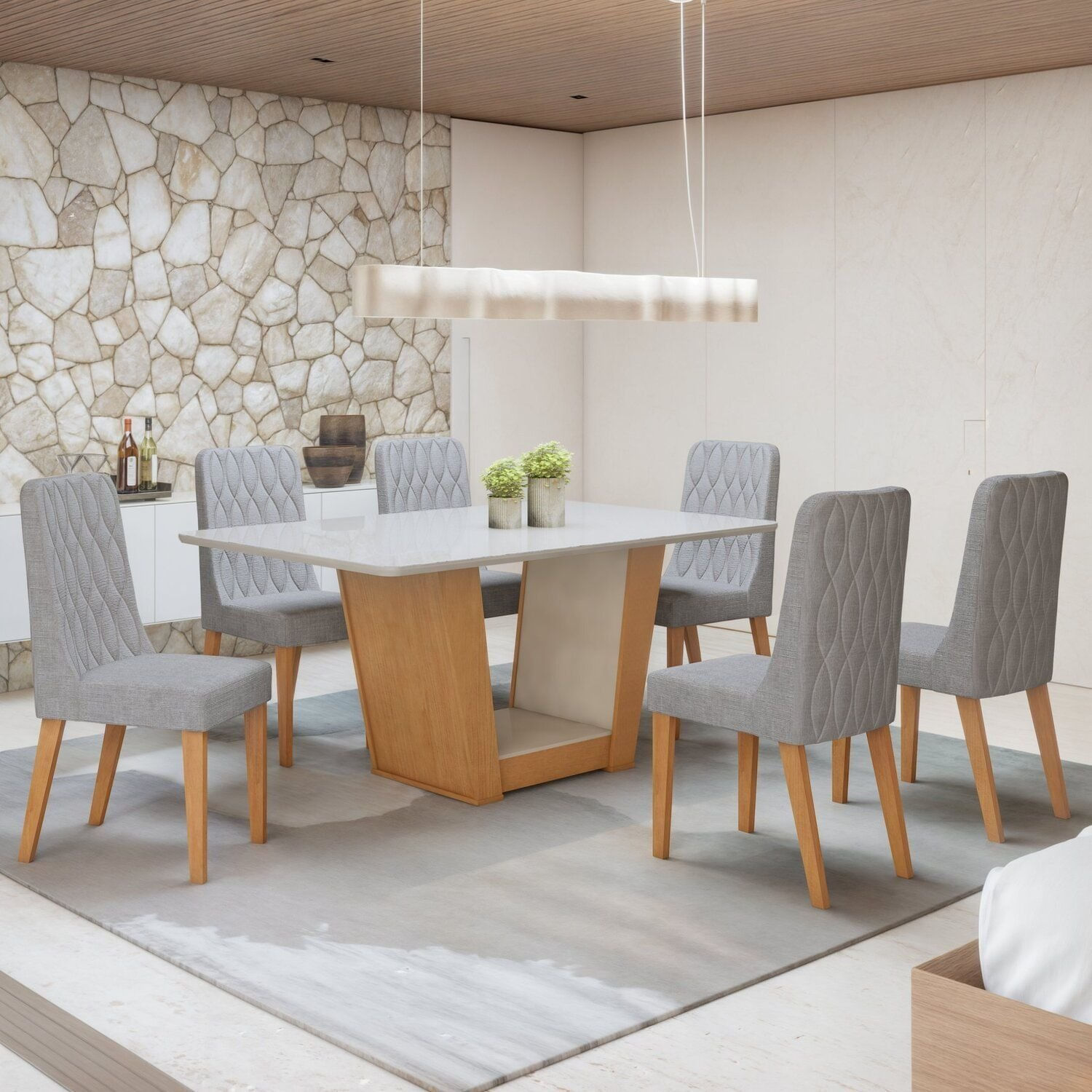 Conjunto Apogeu 170cm Tampo Mdf Com Vidro E 6 Cadeiras Luar Off White/amêndoa Clean/linho Cinza