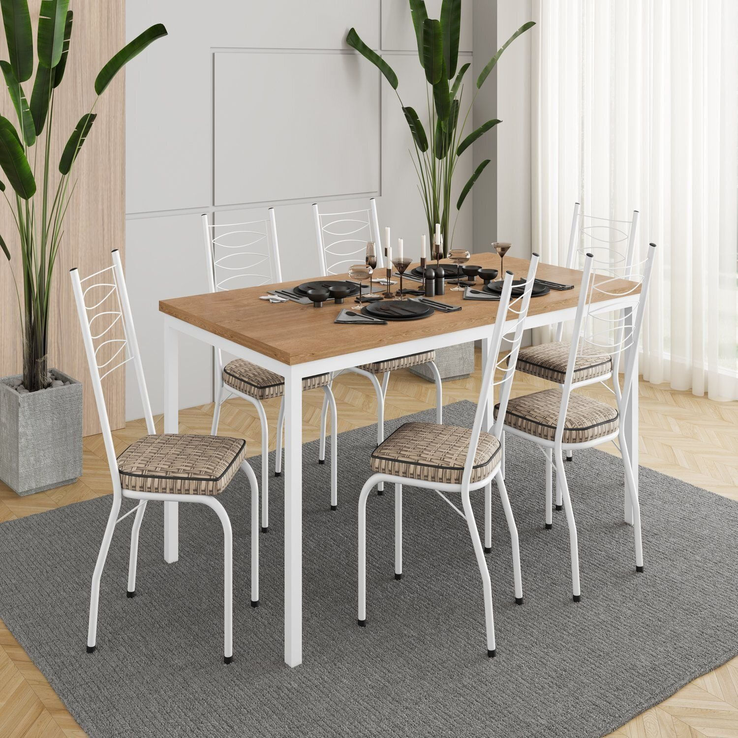 Conjunto Sala De Jantar Mesa Retangular Tampo Bp Com 6 Cadeiras Adriana Branco/ Rattan