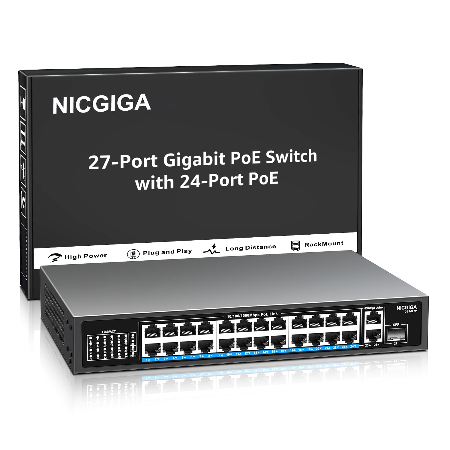 Switch Poe Nicgiga 24 Portas Gigabit Com 24 Portas Poe+ 300w