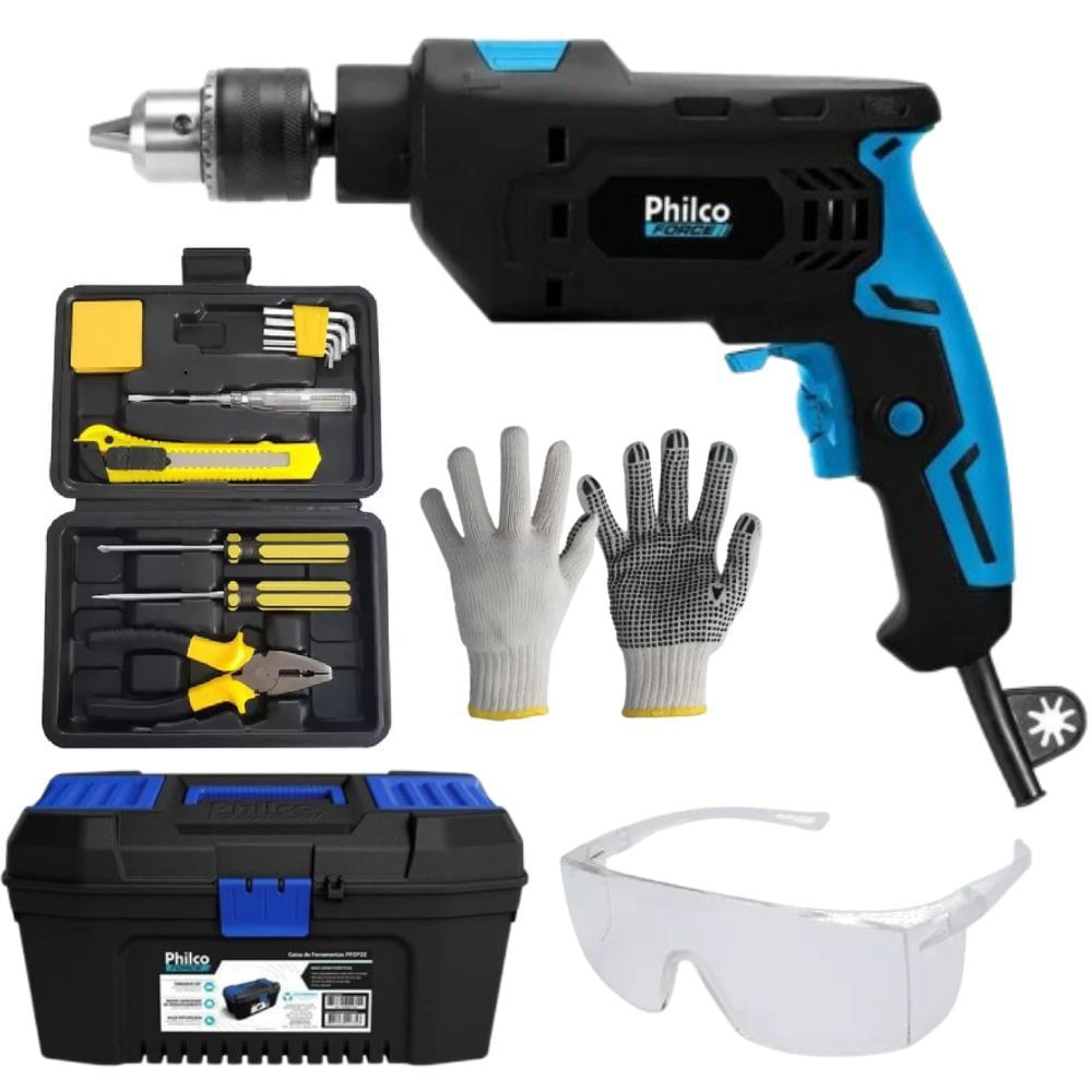 Furadeira Philco + Caixa Com Kit De Ferramentas