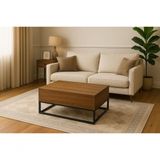 Mesa De Centro Baú Elevável Amadeirado Escuro Vira Mesa De Apoio Notebook Mdf 15mm E Ferro