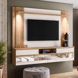 Painel Home Suspenso 75" Atibaia Espelho E Luminária Led Carvalho Teca/off White Ártico