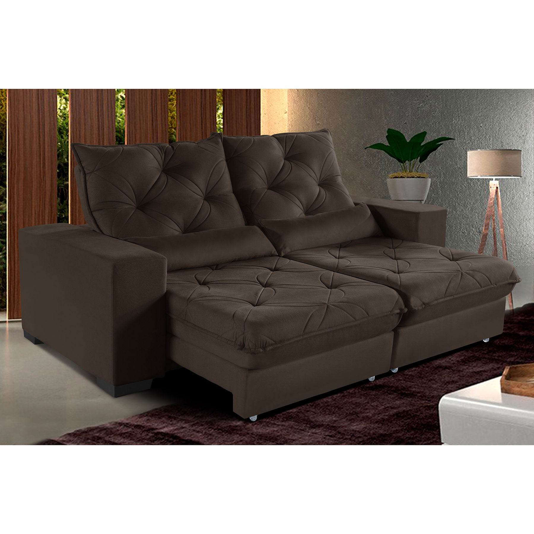 Sofá Retrátil E Reclinável 2,50m Suede Isis Marrom Café