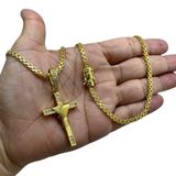 Cordão 5mm Cadeado Duplo + Pingente Cruz Fio Banhado A Ouro