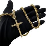 Cordão 8mm Baiano + Pingente Cruz Fio - Banhado A Ouro 18k