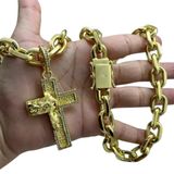 Cordão 18mm Cadeado + Pingente Cruz Jesus - Banhado A Ouro