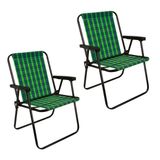 Kit 2 Cadeira De Praia Varanda Xadrez Em Aço 110 Kg Verde Mor