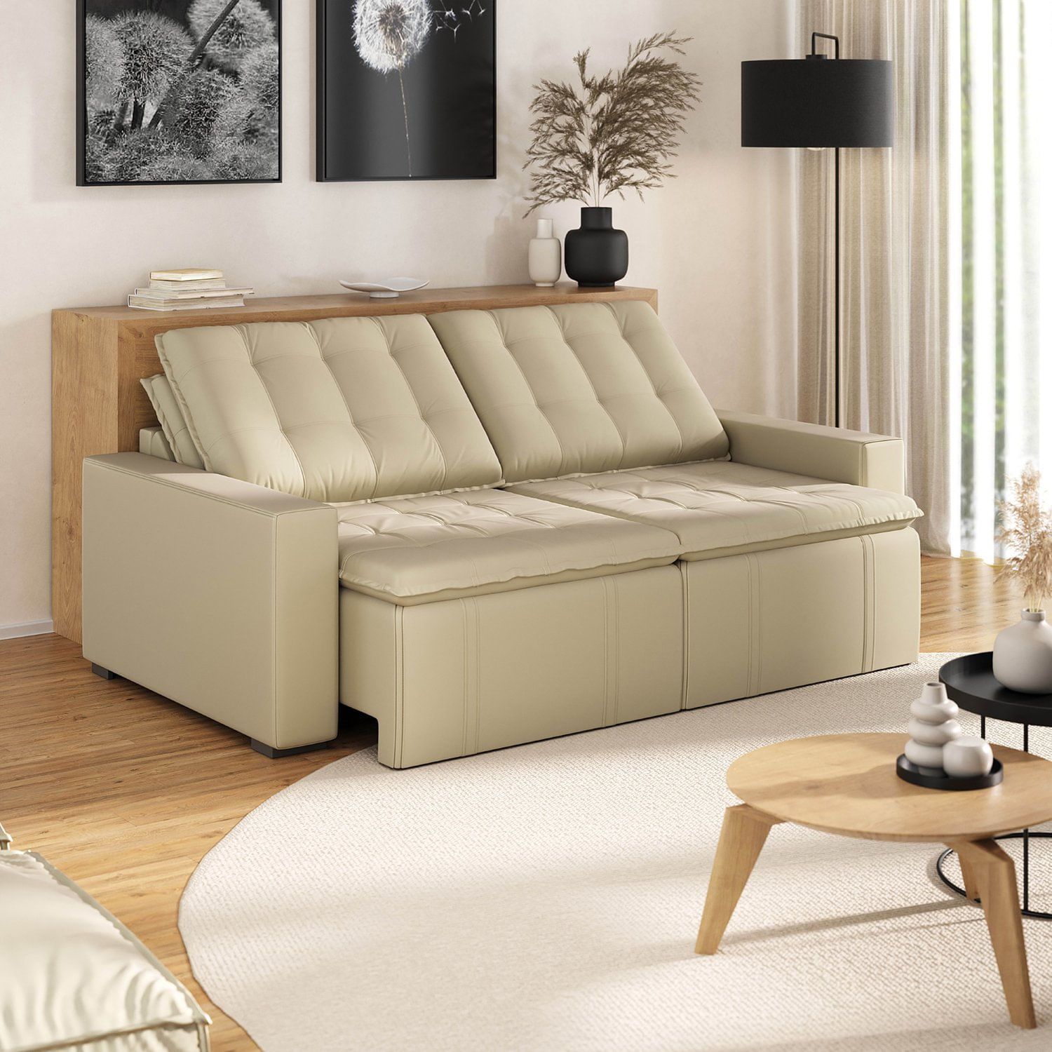 Sofá Cama Retrátil E Reclinável 3 Lugares 220cm Em Veludo Palmeira Cabecasa Madeiramadeira Bege