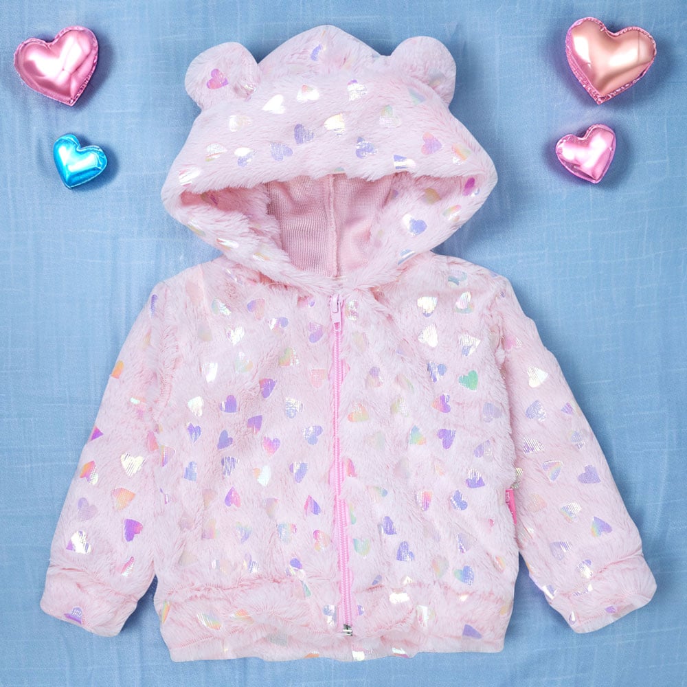 Casaco Bebê Rosa Com Capuz De Orelhinha E Zíper