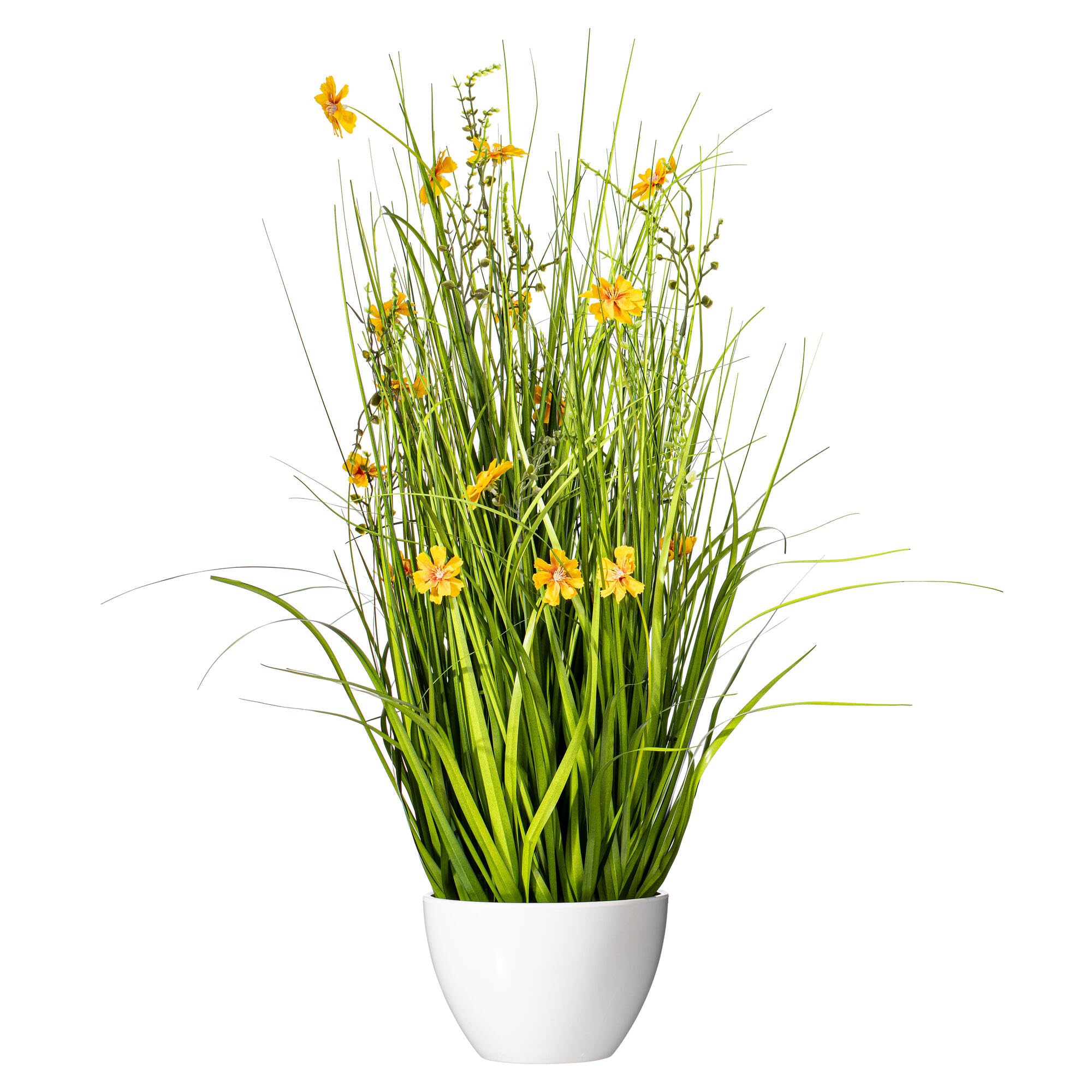 Cosmos Amarelo Em Vasos Artificiais E Grama Verde 31cm - Vickerman