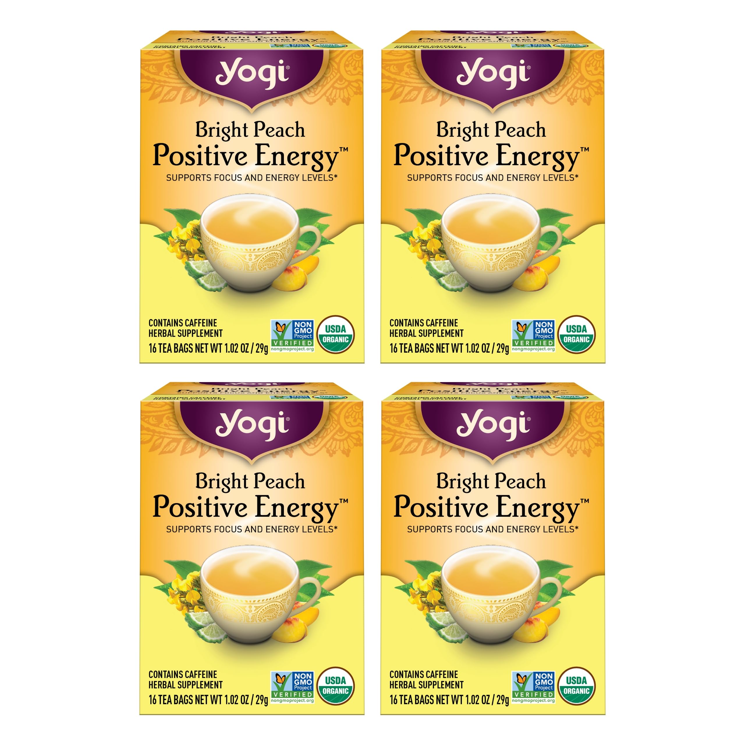 Tea Yogi Bright Peach Positive Energy 16 Saquinhos De Chá X 4 Pacotes