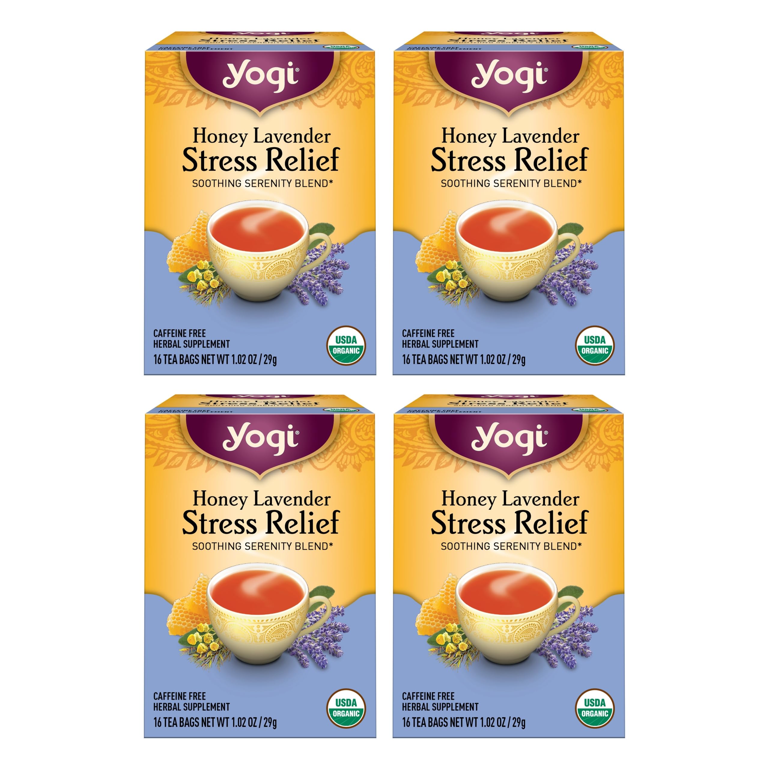Tea Yogi Honey Lavender Stress Relief 16 Saquinhos De Chá X 4 Pacotes