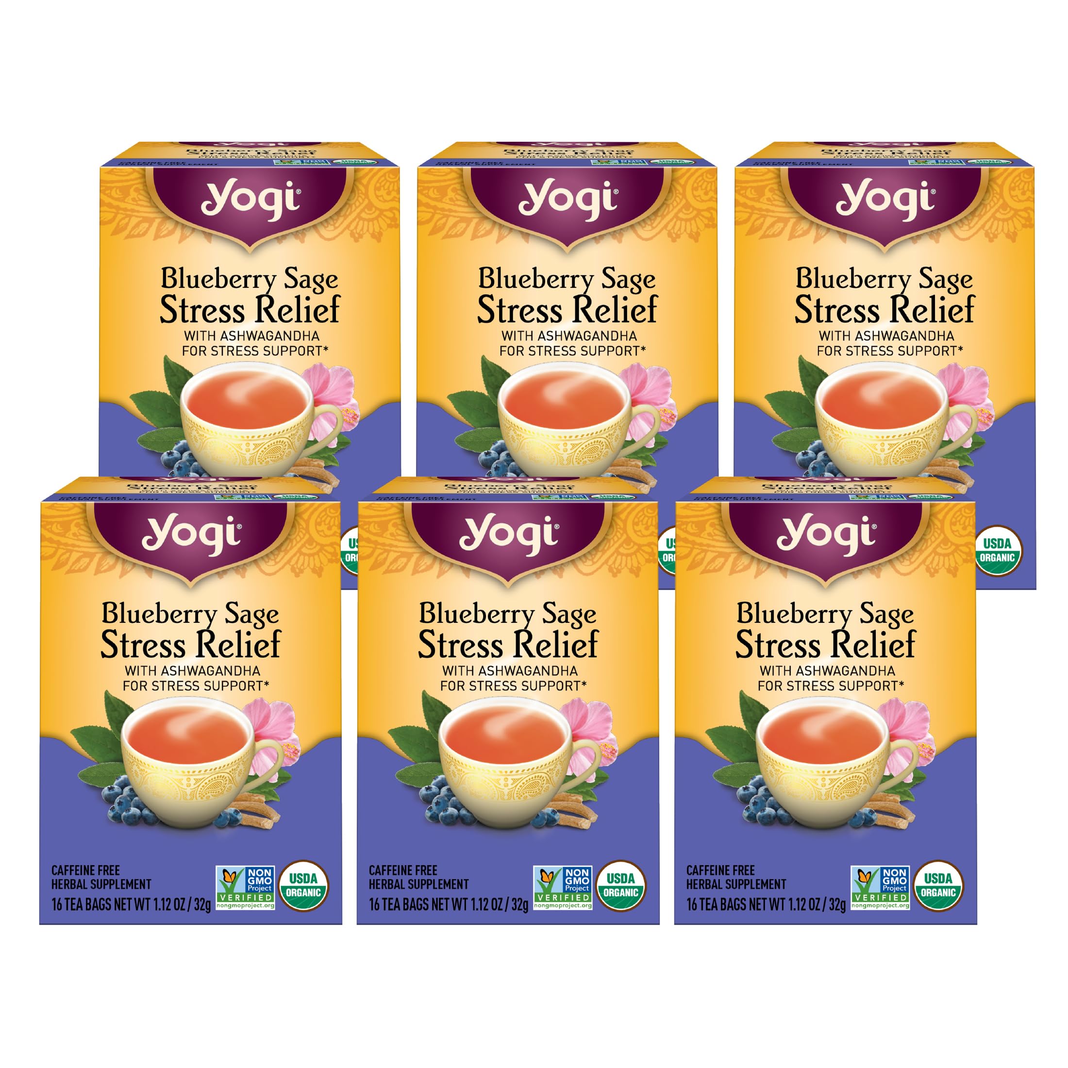 Tea Yogi Blueberry Sage Stress Relief 16 Saquinhos De Chá X 6 Pacotes