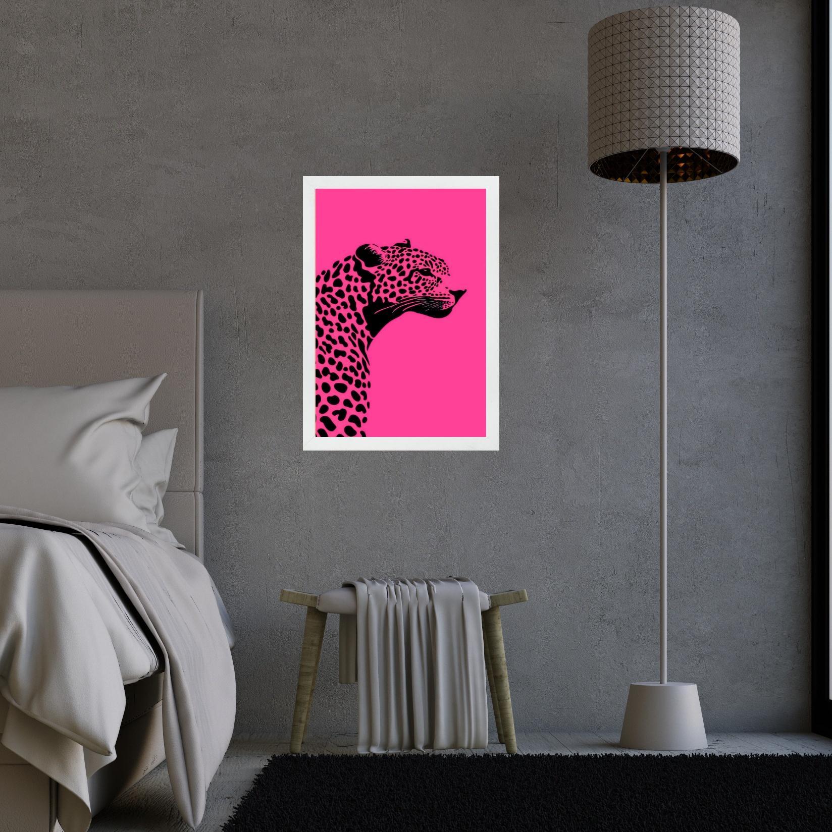 Quadro Decorativo Leopardo Rosa E Preto 33x24cm - Com Vidro