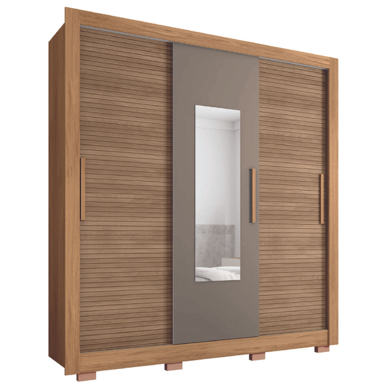 Guarda Roupas Casal Com Espelho Ripado Impressão 3d 3 Portas De Correr 2 Gavetas Paris Caemmun