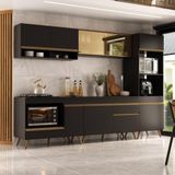 Cozinha Modulada Completa Compacta 287cm Com Balcão Para Cooktop Veneza Multimóveis Mp2269 Preto Dourado