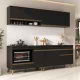 Armário De Cozinha Modulada Compacta Com Balcão Para Cooktop Forno Veneza Multimóveis Mp2262 Preto Dourado