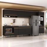 Armário De Cozinha Modulada Completa 6 Peças Com Balcão Para Cooktop Veneza Multimóveis Mp2273 Preto Dourado