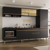 Cozinha Modulada Completa Compacta 287cm Com Balcão Para Cooktop Veneza Multimóveis Mp2267 Preto Dourado